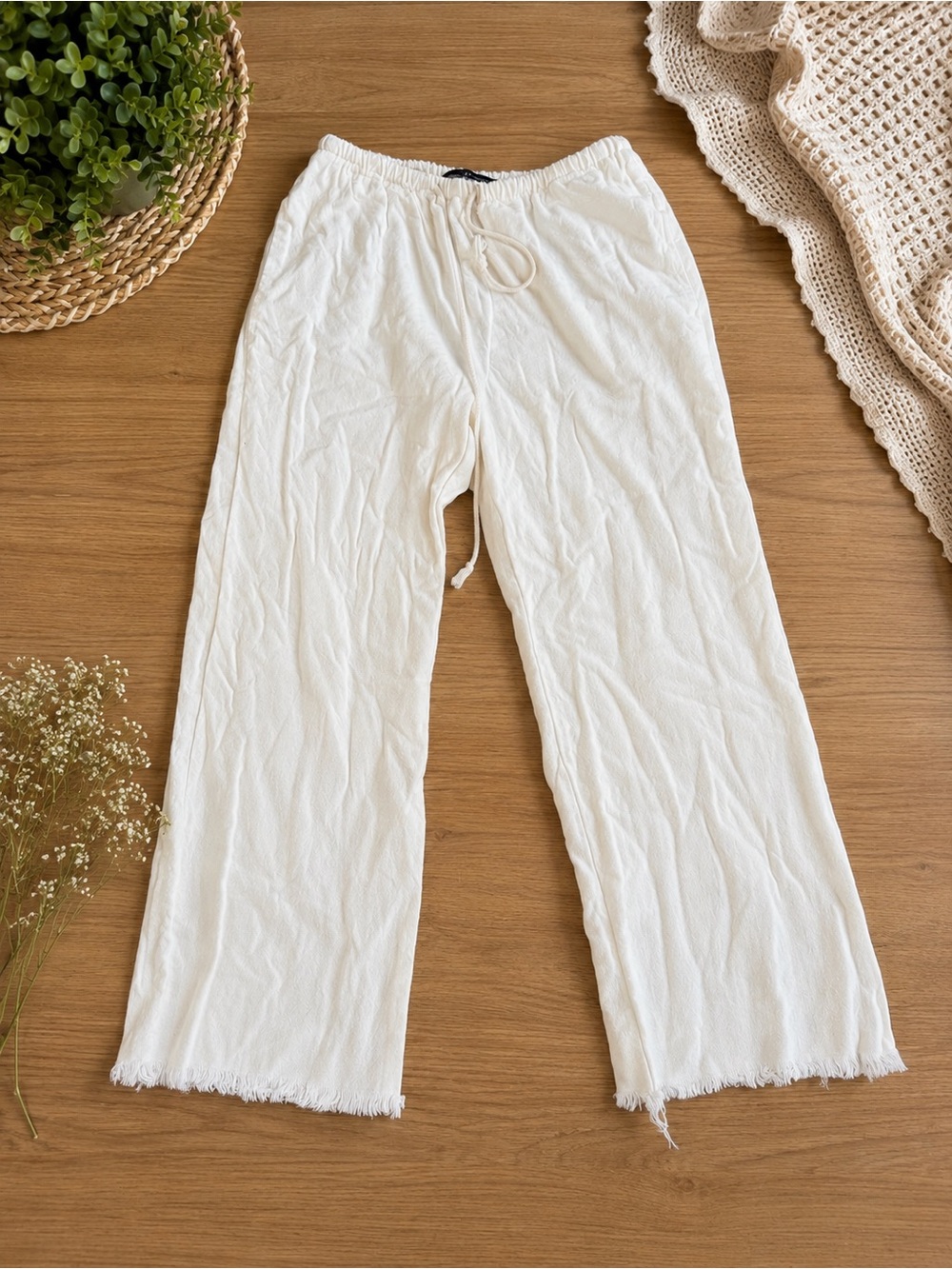 Brandy Melville Cream Linen Blend Wide Leg Drawstring Raw Hem Pants